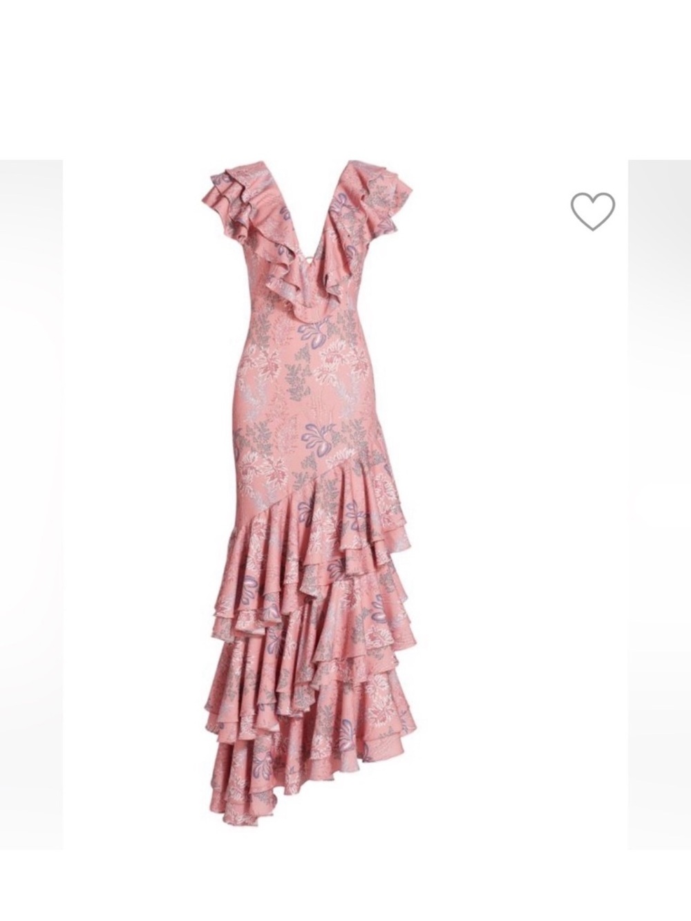 Designer Ruffled V-Neck Pink Floral Jacquard Maxi Dress